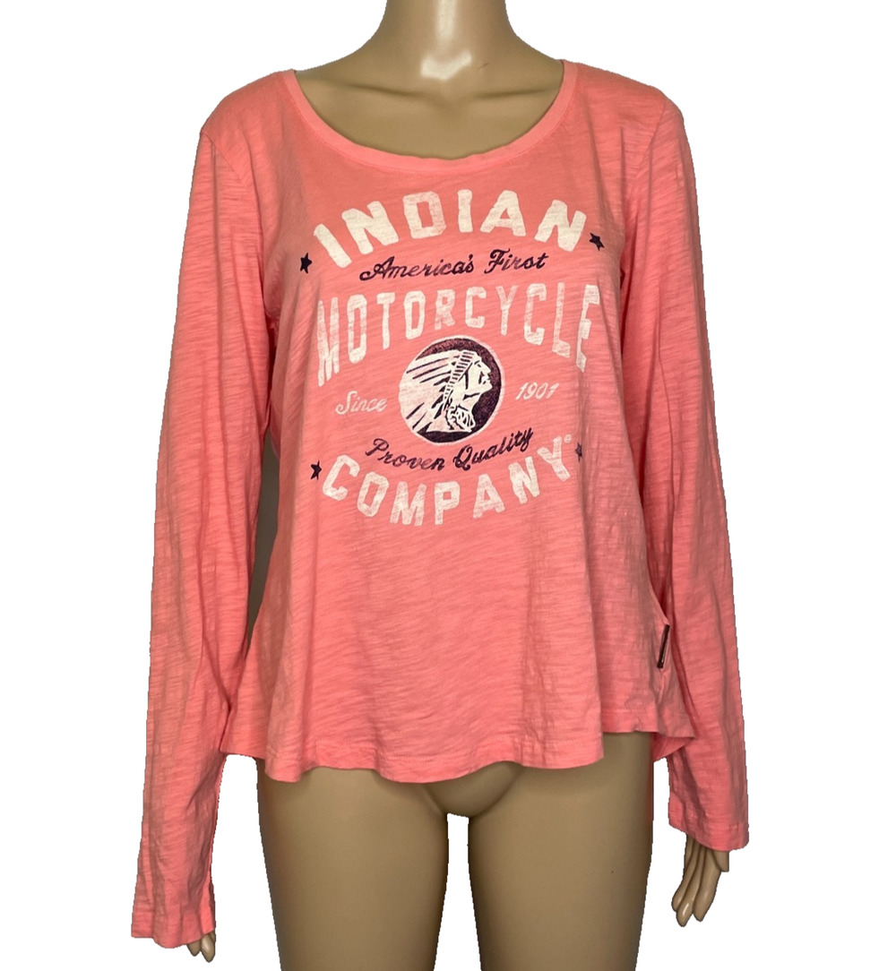 Women's Large Indian Motorcycle Peach Pink Graphic Long Sleeve Cotton T-Shirt